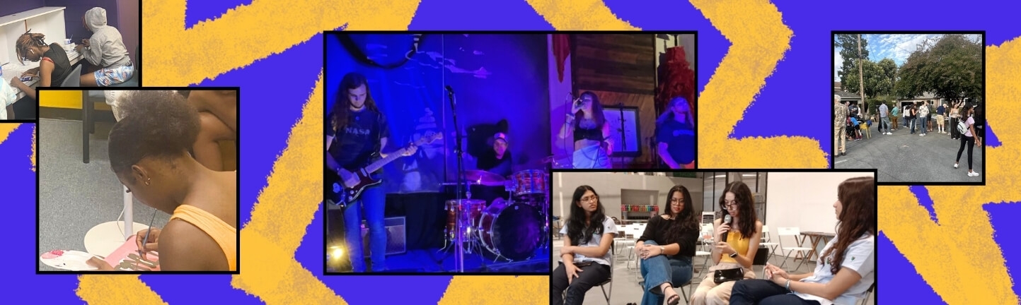 A colorful collage of young people volunteering their time for doing good in their communities, and sharing their talents and joy in community settings.