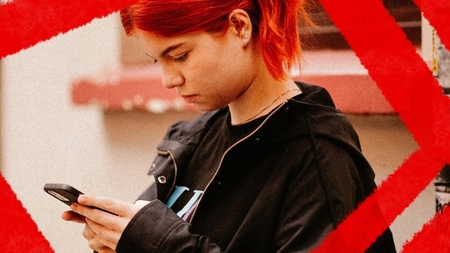 A person with vibrant red hair is focused on their smartphone while standing against a textured background. The image includes bold red brush strokes, symbolizing community engagement and dynamic participation in volunteer opportunities.