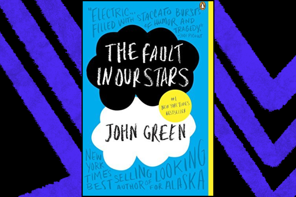 Cover of 'The Fault in Our Stars' by John Green, featuring a vibrant blue background with white and black speech bubbles containing the title and author's name. This bestselling novel addresses themes of love, loss, and resilience, ideal for readers interested in impactful storytelling.