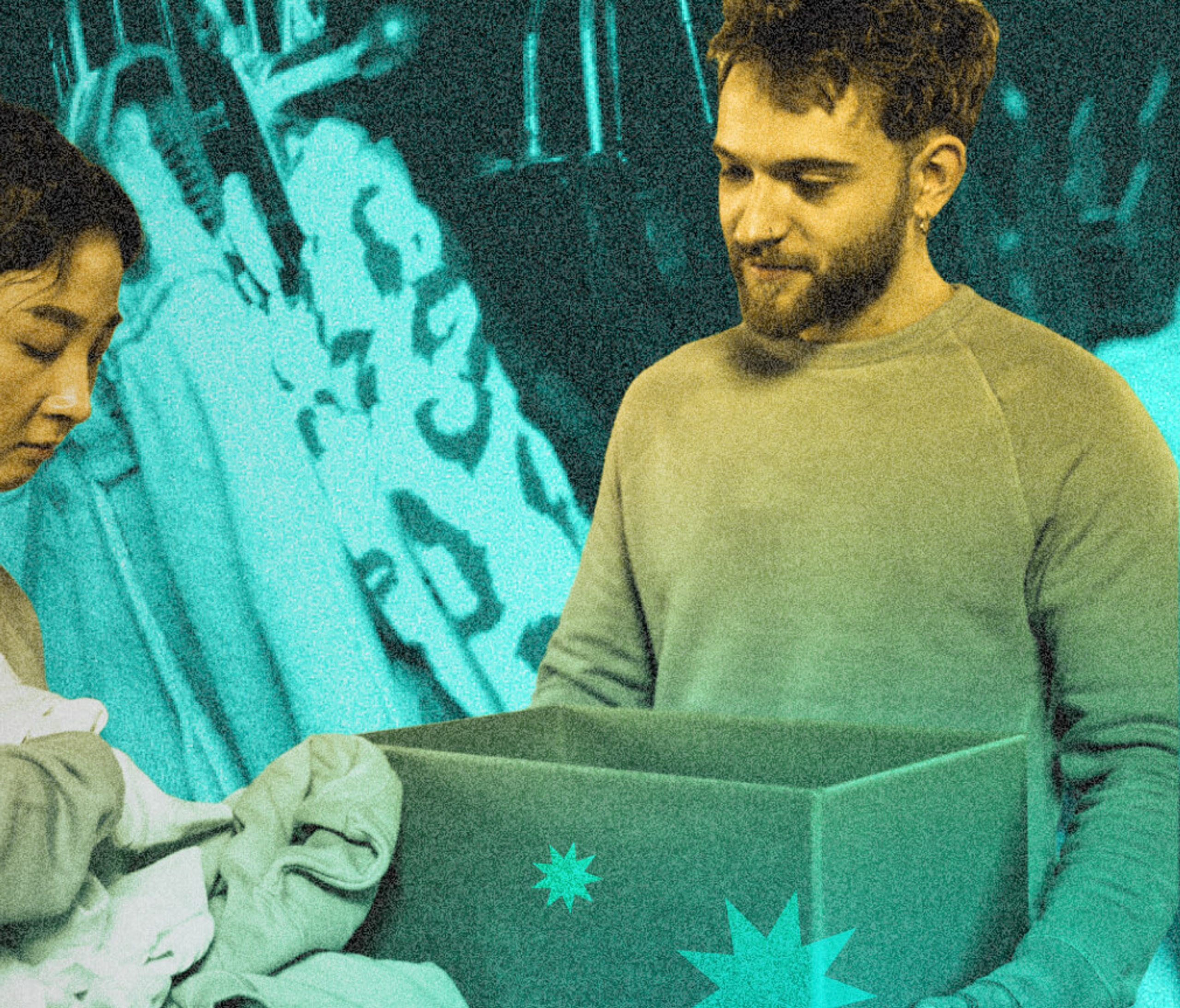 Two individuals are engaged in a community service activity, with one person placing items into a donation box while the other observes. This image highlights volunteer and civic engagement opportunities for community support and leadership development.