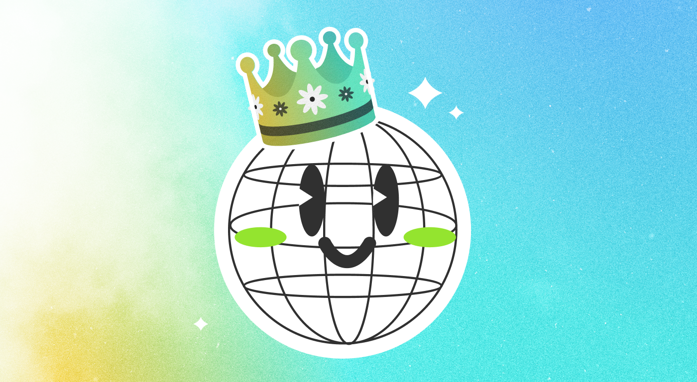 Smiling globe cartoon wearing a flowered crown, floating on a green-blue gradient