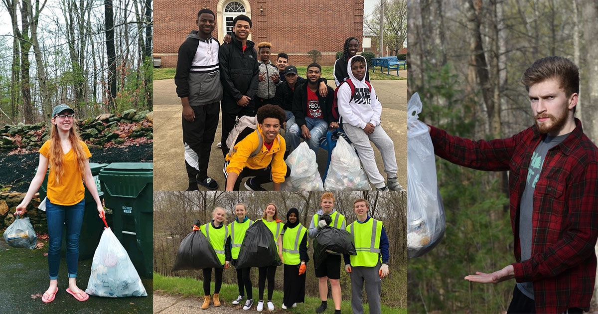 A diverse group of volunteers engaging in community service by collecting and disposing of litter, showcasing teamwork and civic responsibility. Various individuals are seen holding garbage bags, wearing safety vests, and smiling as they participate in environmental cleanup efforts.