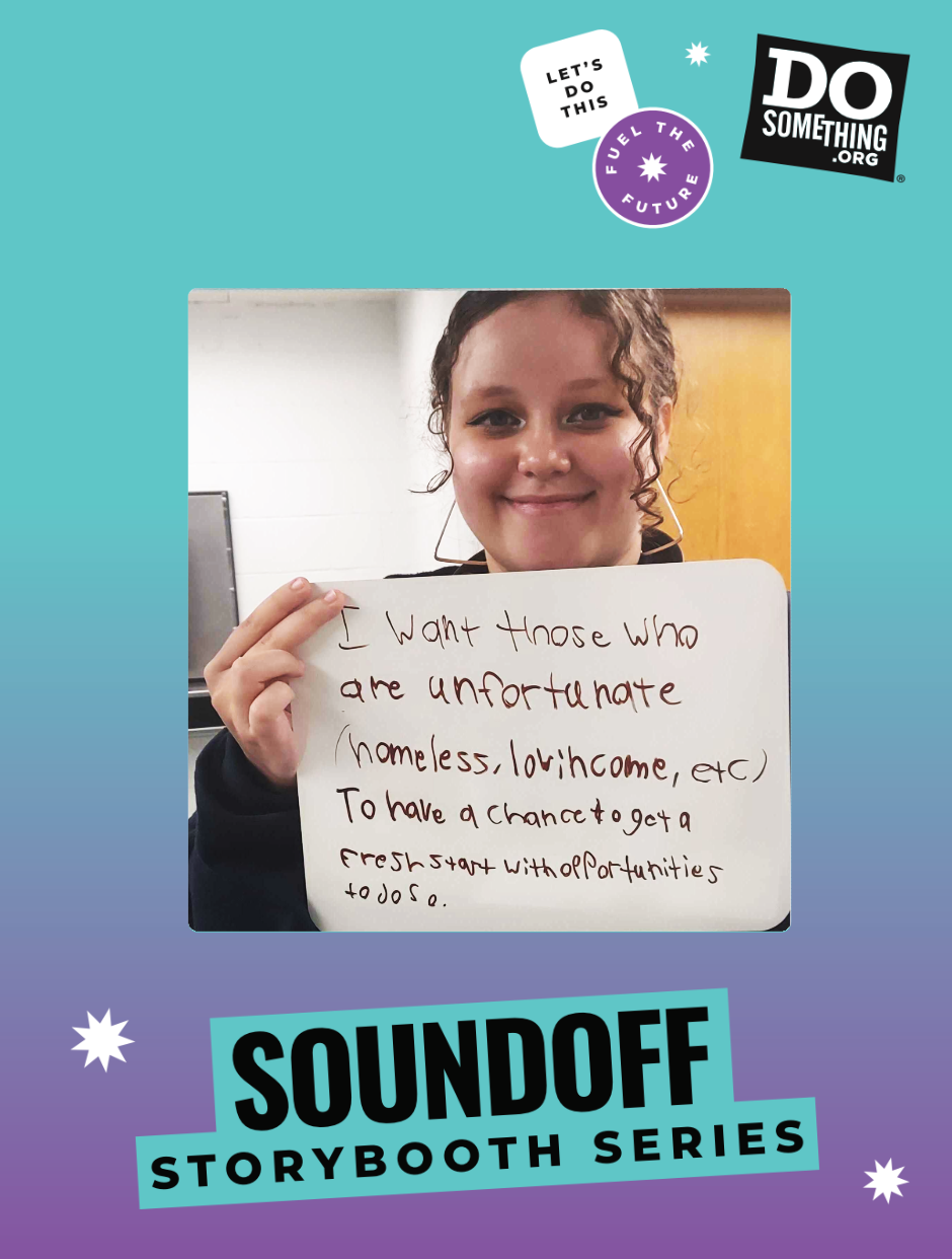 Mayanalese holding up a sign with text on it with the logo for "Soundoff Storybook Series"