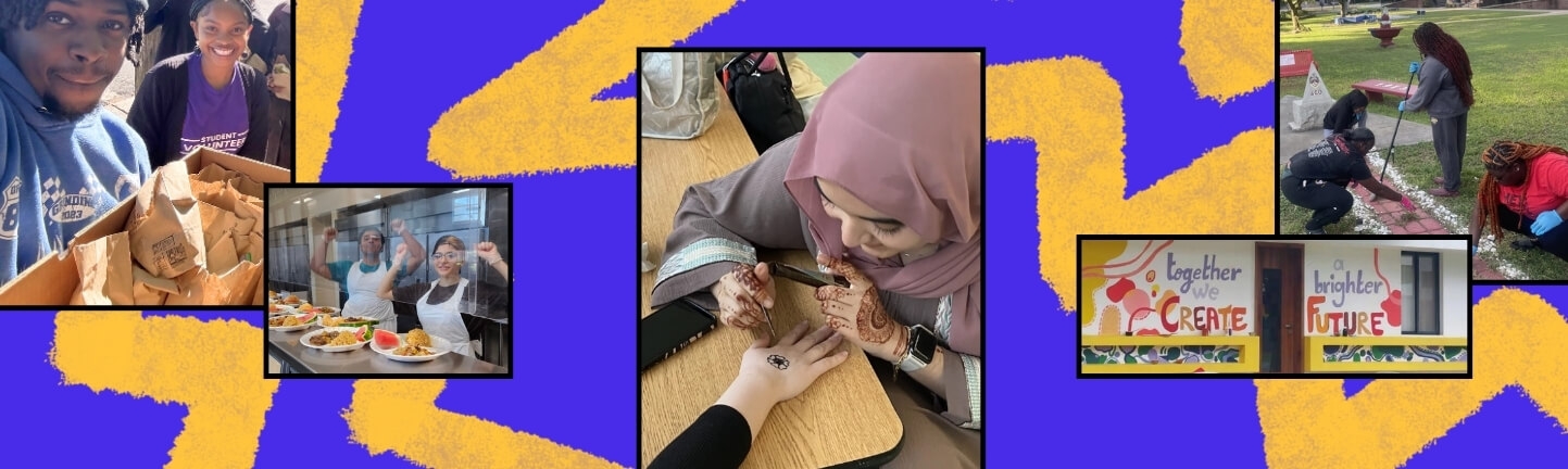 A colorful collage of young people volunteering their time for doing good in their communities: cleaning up cigarette butts from the streets; feeding those in need; gardening; cleaning up and recycling cans