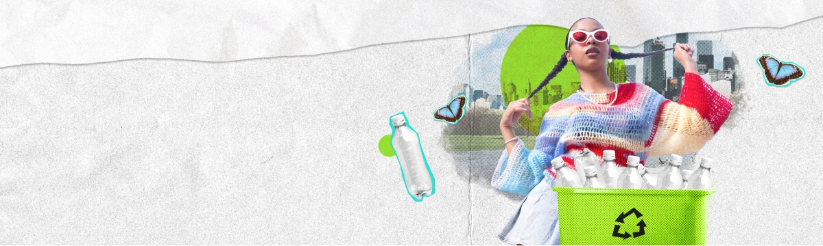 A colorful image of a fashionable young person posing by a neon green recycling bin, flaunting their plastic bottle recycling. Also features icons of blue butterfiles and transparent plastic bottles on a small mural of a city on a paper white background.