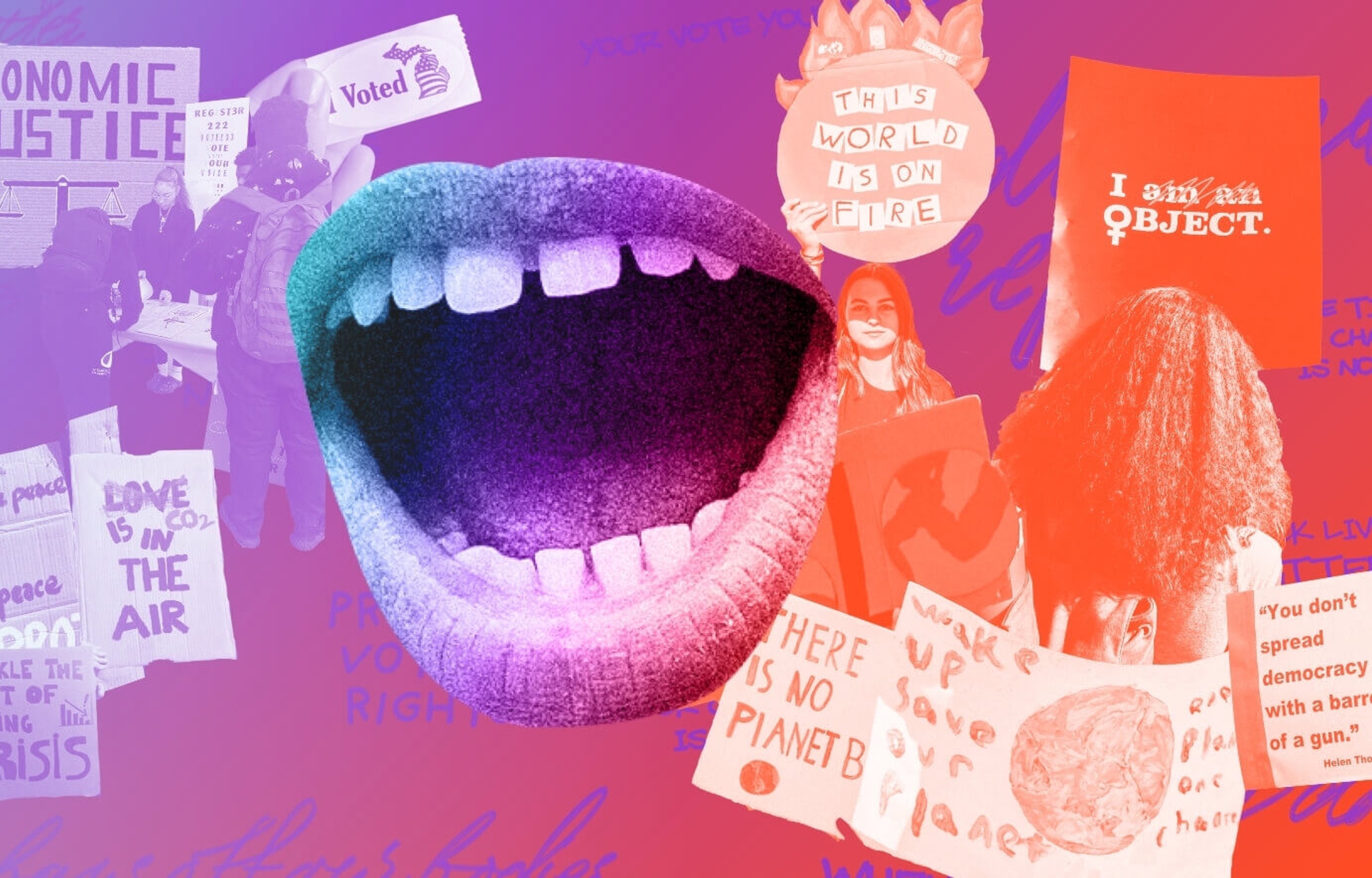A vibrant collage featuring multiple expressive mouths and individuals holding protest signs with messages about social justice, climate action, and civic engagement. This image highlights the importance of community activism and empowerment in advocating for change.