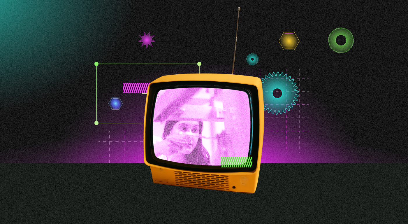 Collage style graphic of a TV with a young scientist on the screen, with an abstract background of geometric shapes