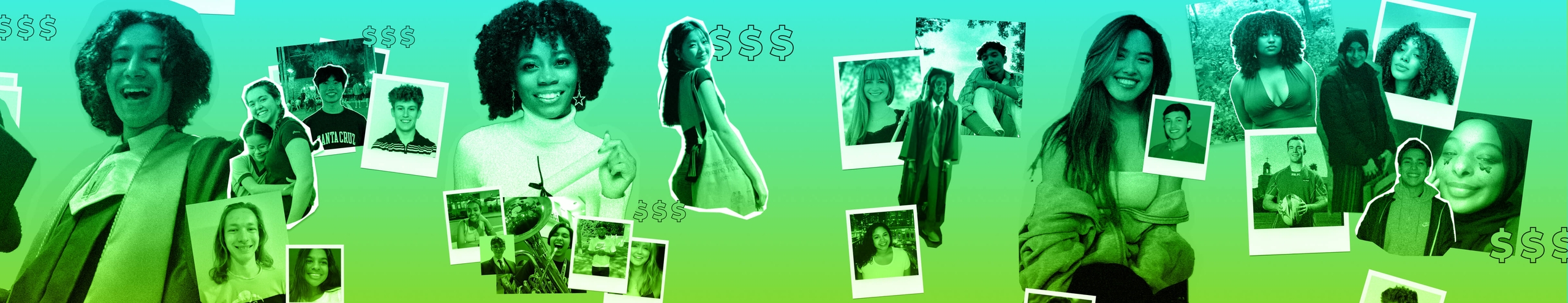 A teal and green gradient collage of DoSomething scholarship winners