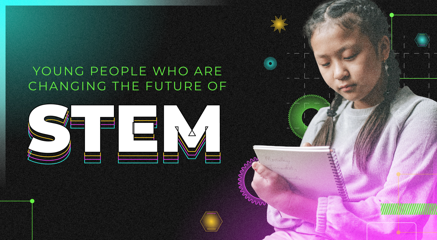 Young person with braided pigtails and notebook on an abstract background with the words "young people who are changing the future of STEM"