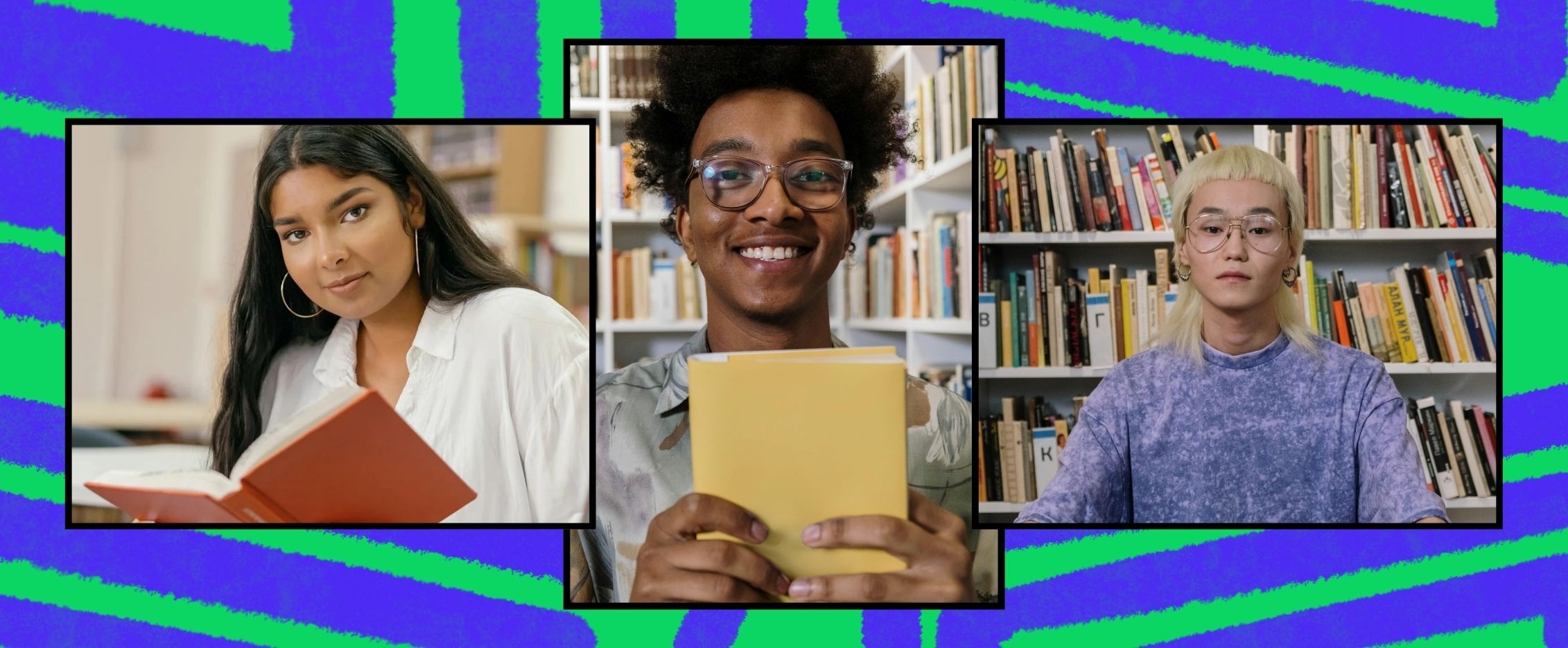 A collage of three photos of a diverse group of young people in their school library