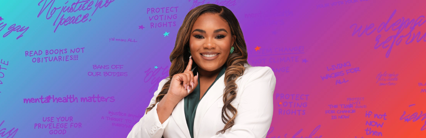 Activist Tatiana Bell on a teal, purple and orange background with voting affirmations