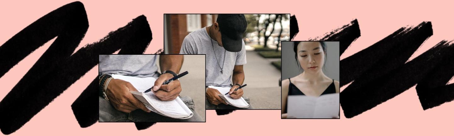 A close-up of hands writing in a notebook, emphasizing the act of documenting thoughts or ideas, while another individual is thoughtfully reading a letter. This image highlights engagement in community service and leadership activities, showcasing dedication to personal and civic growth.