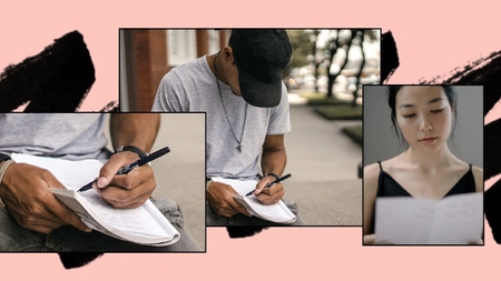A close-up of hands writing in a notebook, emphasizing the act of documenting thoughts or ideas, while another individual is thoughtfully reading a letter. This image highlights engagement in community service and leadership activities, showcasing dedication to personal and civic growth.