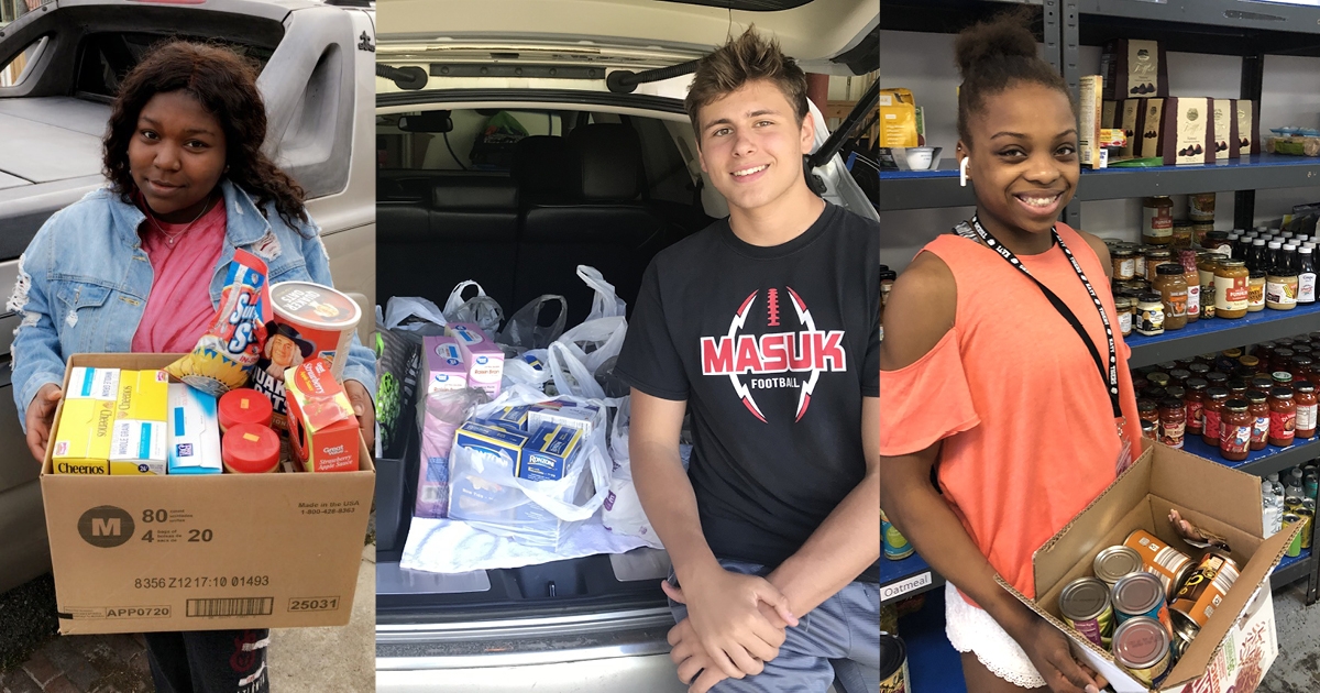 Three individuals participate in community service by collecting and distributing food items. They are shown with boxes of groceries, showcasing a commitment to volunteer opportunities and civic engagement.
