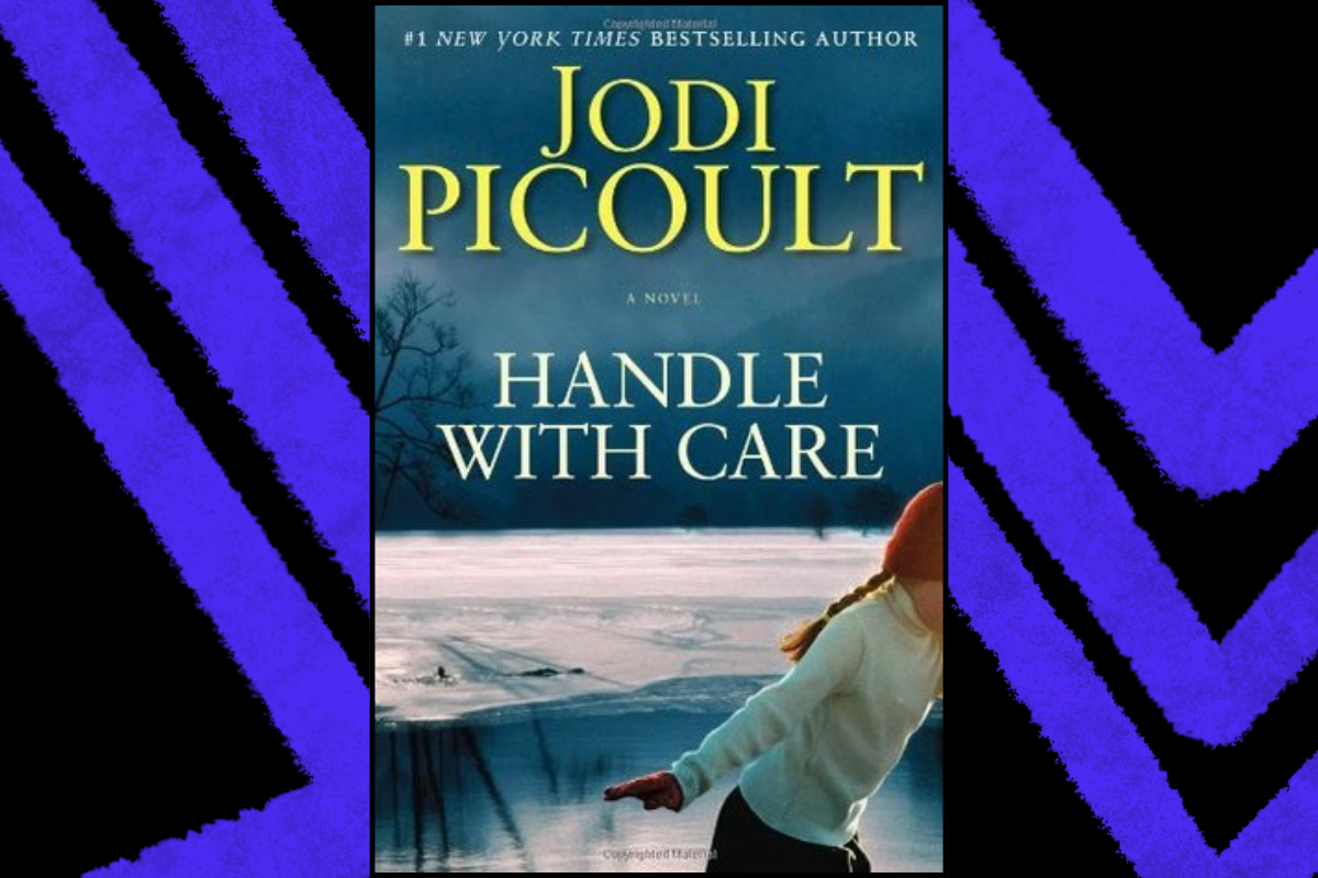 Book cover of 'Handle With Care' by Jodi Picoult, featuring a figure in winter clothing on a frozen landscape, symbolizing themes of care and compassion. The image promotes volunteer opportunities and civic engagement through storytelling.