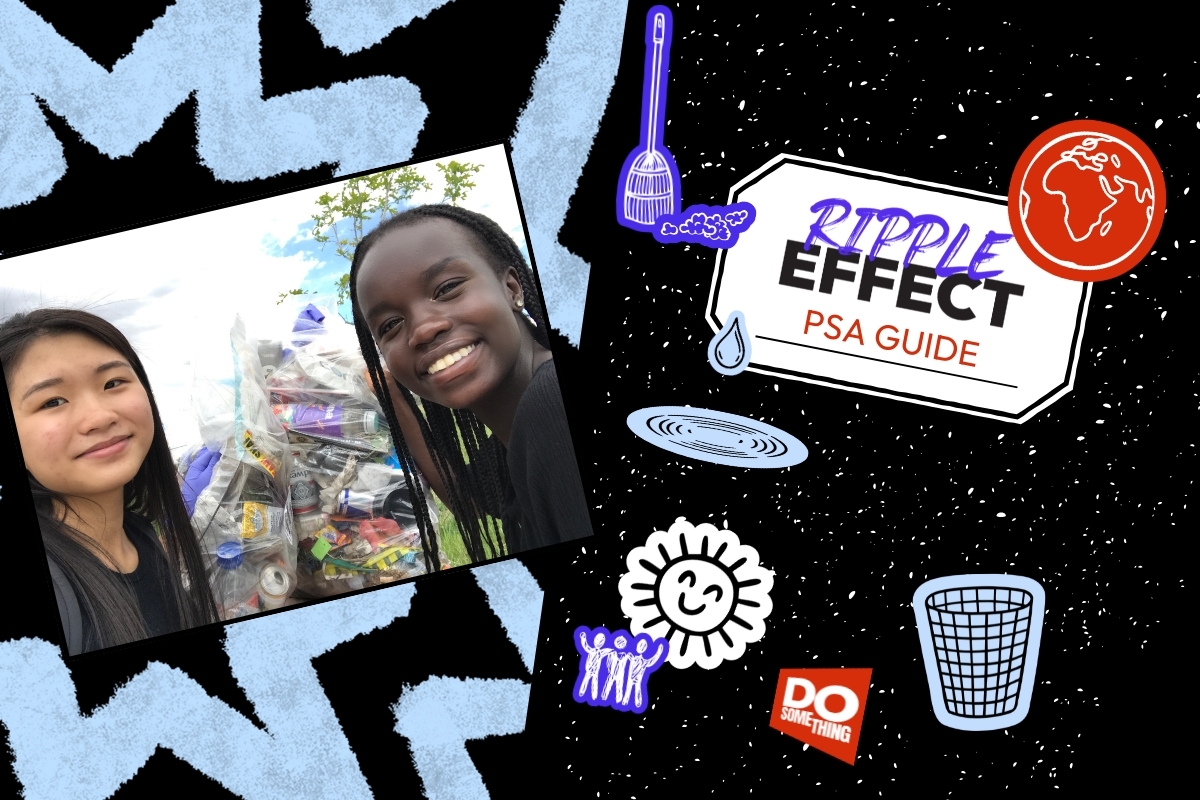 Two young individuals smile while standing in front of a large bag filled with collected trash, highlighting their participation in a community cleanup effort. The image promotes volunteer opportunities and civic engagement in environmental initiatives.