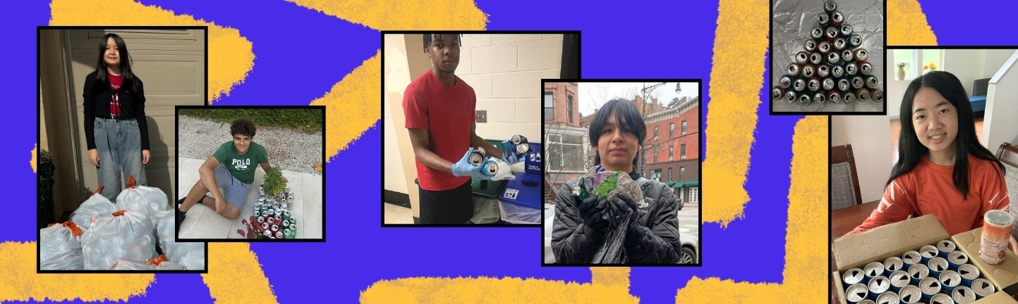 A colorful collage of young people volunteering their time for doing good in their communities: cleaning up and recycling cans