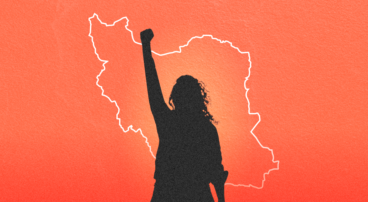 Black silhouette of a young person with fist raised, against a red background with the outline of Iran