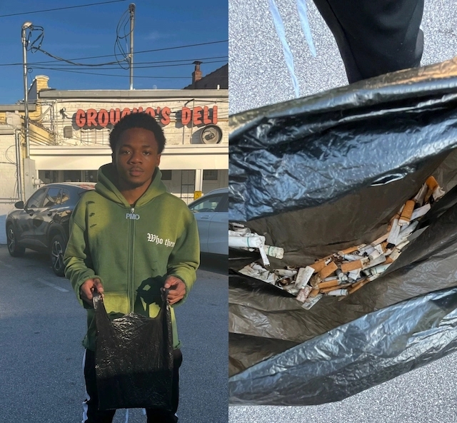 A community volunteer holding a black bag filled with discarded cigarette butts, standing in front of a local deli. This image showcases active participation in environmental cleanup efforts, promoting civic responsibility and community engagement.