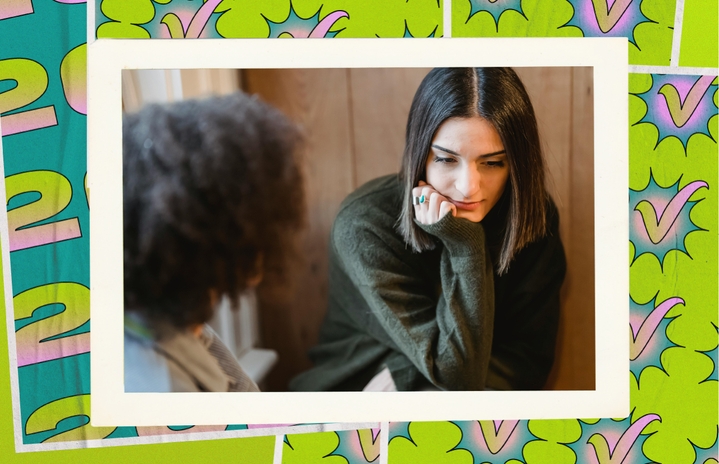 A picture of two young adults talk about the importance of voting and what it means to them, in a white border and on a colorful graphic background labeled 2024