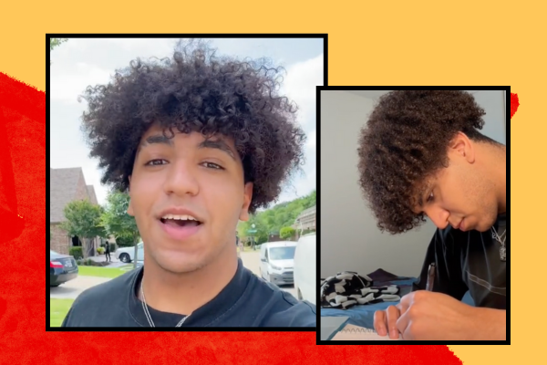 A split image featuring two scenes. The left side shows a young person with curly hair smiling and speaking outdoors, with greenery and cars in the background. The right side depicts the same person focused on writing in a notebook while seated at a desk, with a cluttered background.