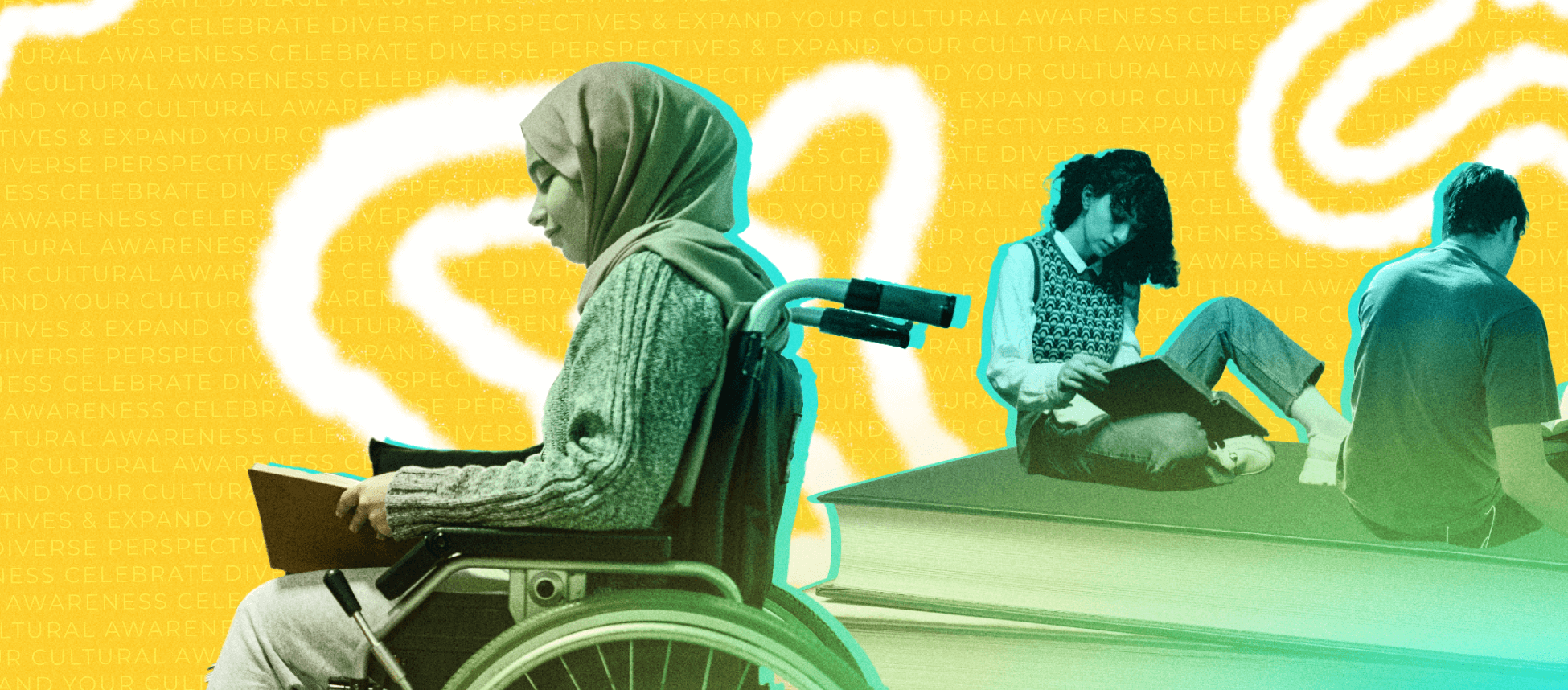 A green-blue gradient graphic of 3 diverse young people; one in their wheelchair reading a book and the other two sitting atop of a graphic of 2 larger books reading; a yellow and white graphic in background.