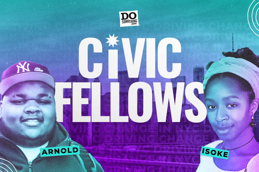 A teal and purple gradient-colored photo of 2 of DoSomething's Civic Fellows