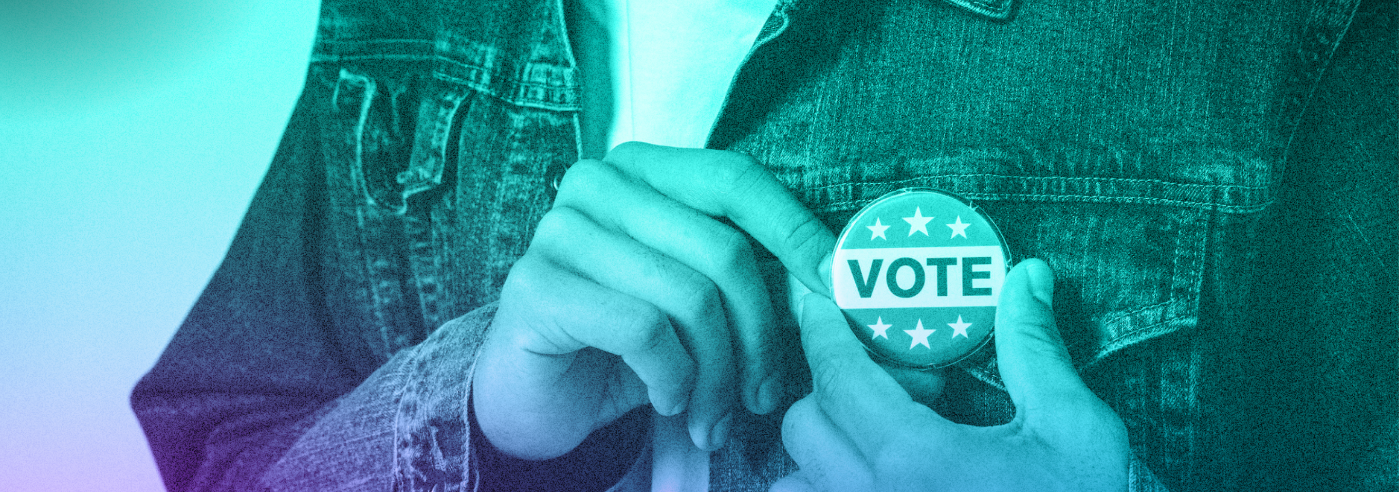 A purple and teal gradient close-up photo of a young person wearing a 'Vote' pin on their jacket