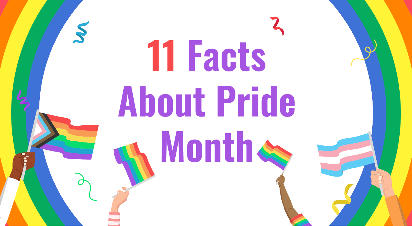 Header image with illustrated hands waving pride flags, and text stating 11 Facts About Pride Month