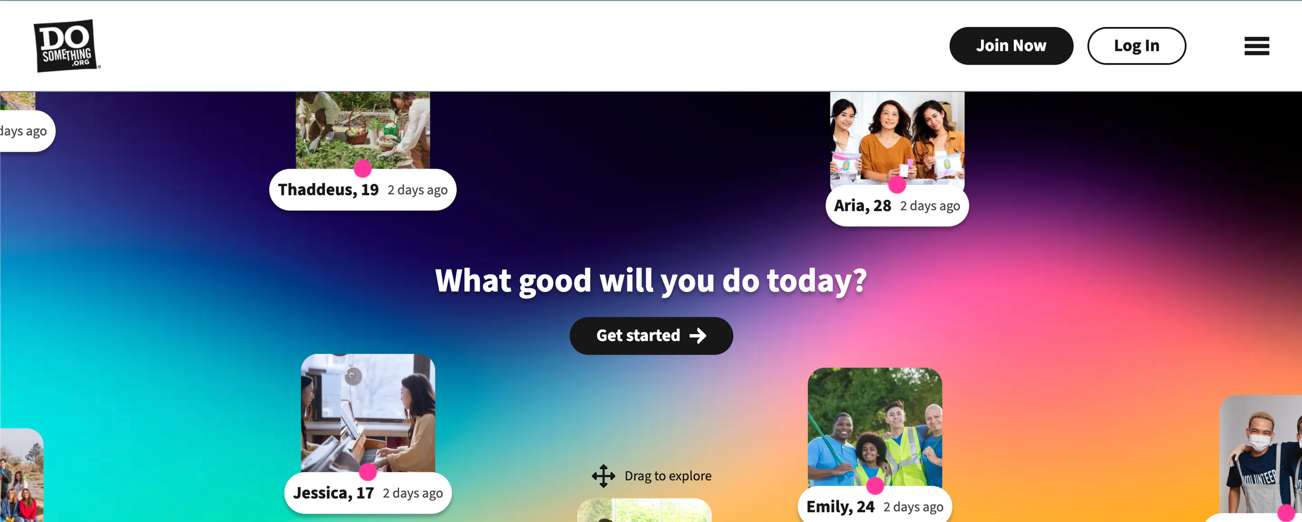 A sample screen shot of the future state of DoSomething.org, featuring a diverse mix of young people taking action to make their communities better; A subtitle reads: 'How will you make a difference in your community?'