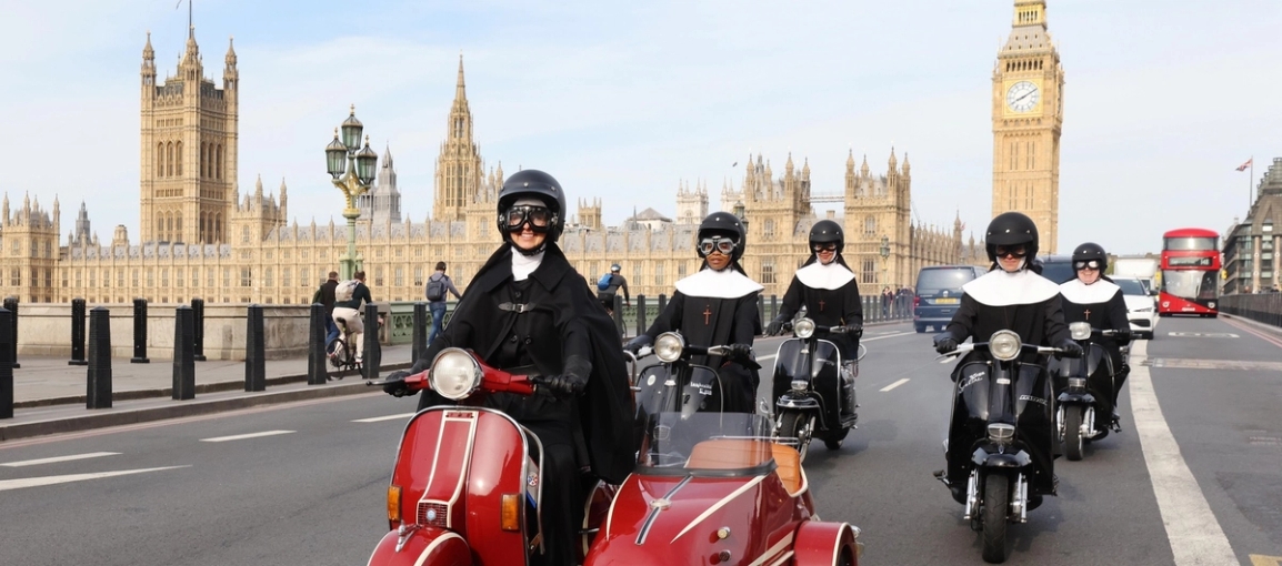 A fleet of nuns ride through London landmarks to launch second series of Sister Boniface Mysteries on Drama and UKTV Play
