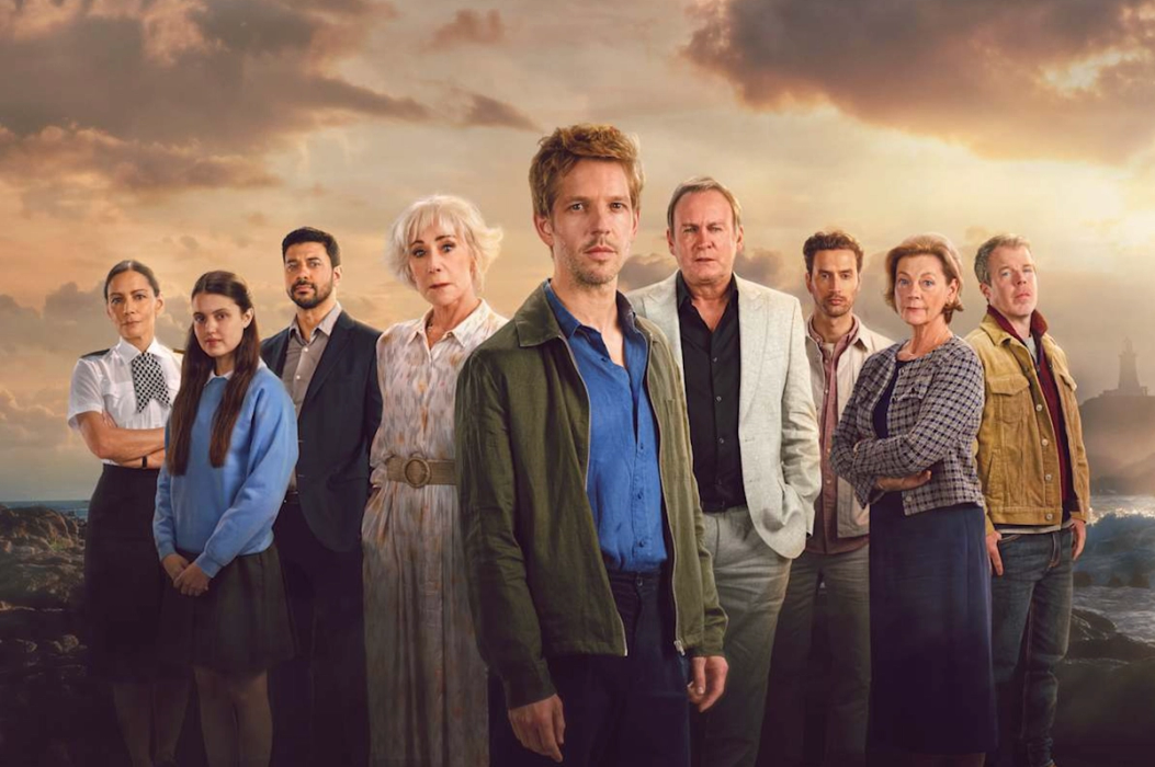 (L-R) Sasha Behar as Uma Dalal, Chloe Sweetlove as Kim Bergerac, Robert Gilbert as Barney Crozier, Zoe Wanamaker as Charlie Hungerford, Damien Molony as Jim Bergerac, Philip Glenister as Arthur Wakefield, Timothy Renouf as Julian Wakefield, Pippa Haywood as Margaret Heaton and Stephen Wight as John Blakely