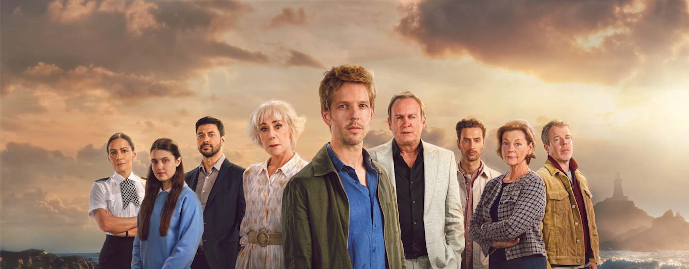(L-R) Sasha Behar as Uma Dalal, Chloe Sweetlove as Kim Bergerac, Robert Gilbert as Barney Crozier, Zoe Wanamaker as Charlie Hungerford, Damien Molony as Jim Bergerac, Philip Glenister as Arthur Wakefield, Timothy Renouf as Julian Wakefield, Pippa Haywood as Margaret Heaton and Stephen Wight as John Blakely