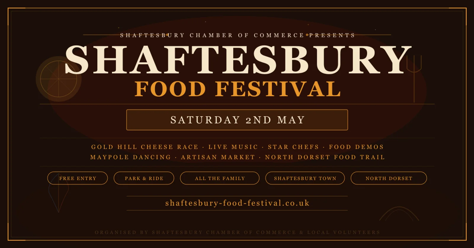 Shaftesbury Food Festival — Saturday 2nd May. Gold Hill Cheese Race, live music, food demos, maypole dancing and artisan market.
