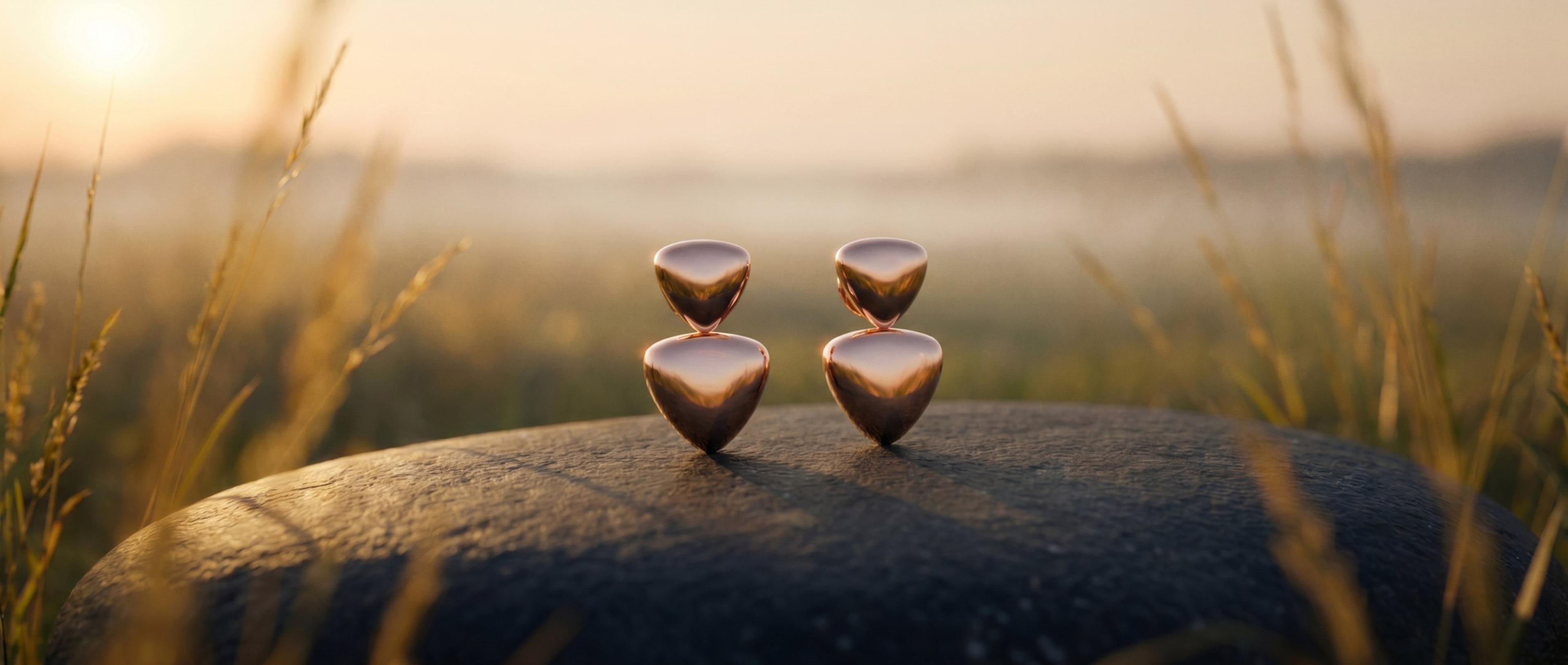 Pair of rose gold drop earrings with two glossy rounded pendants on a dark stone amid grasses in a misty sunrise field