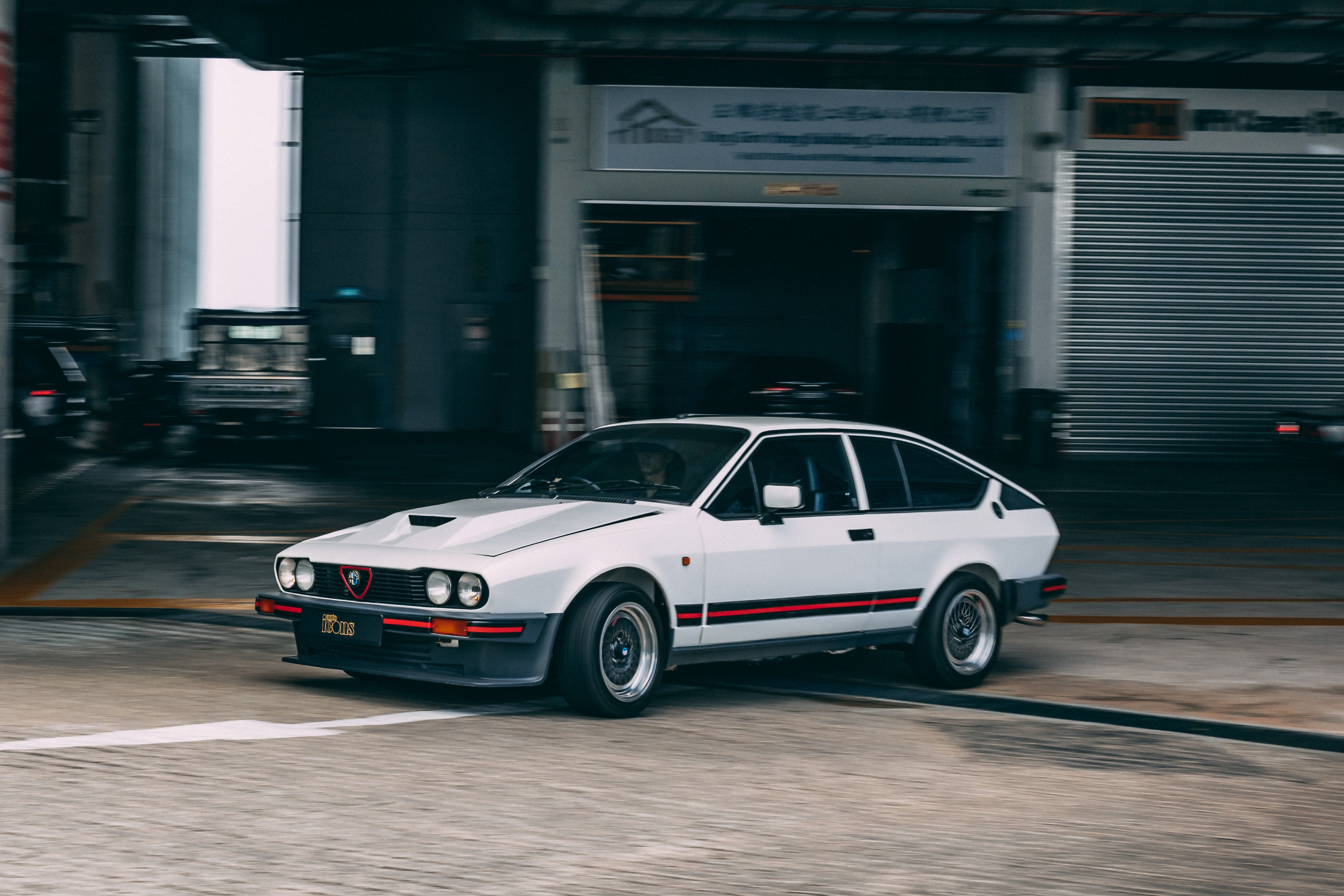 View the exterior of the 1985 Alfa Romeo GTV6 3.0 for sale (White)