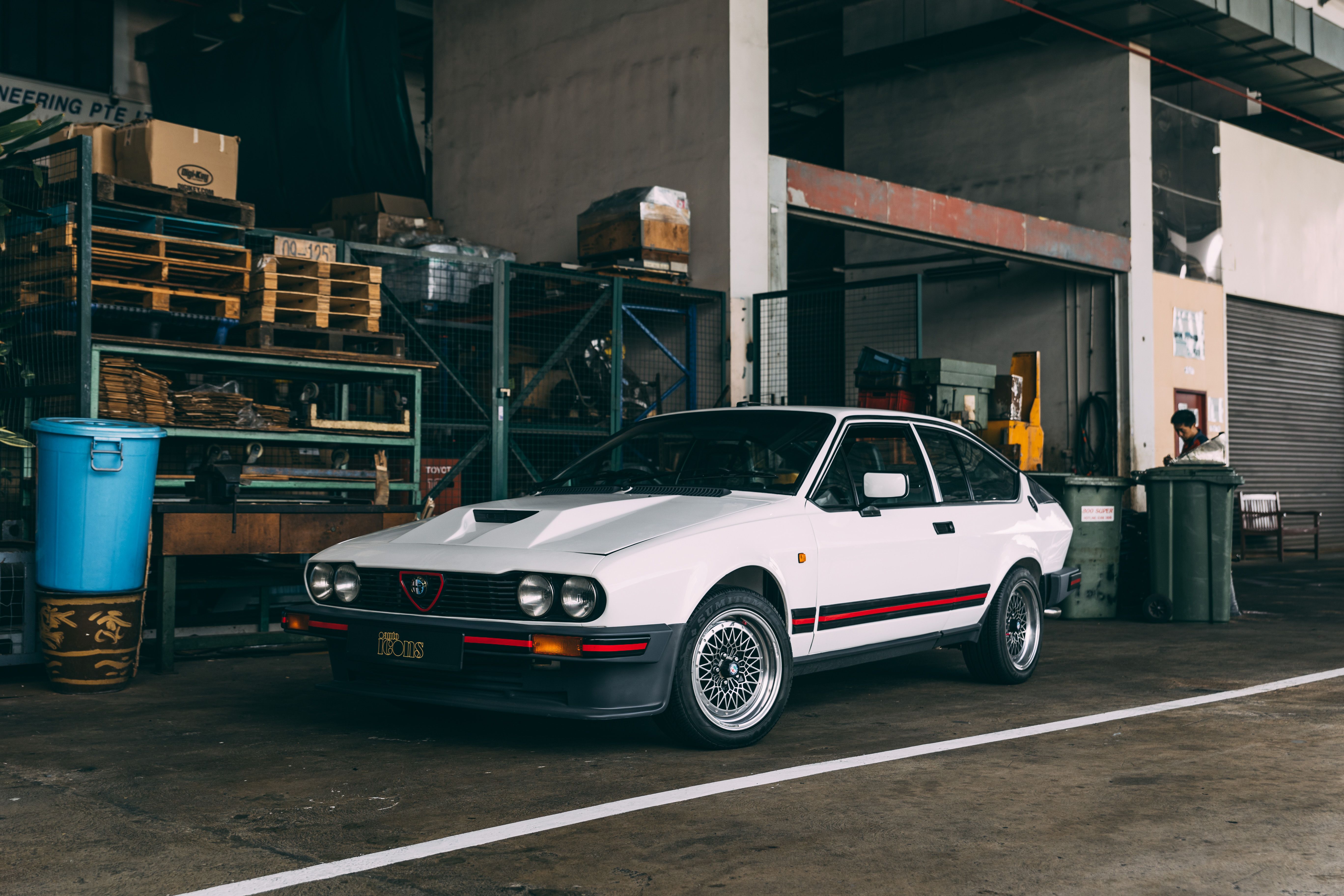 View the exterior of the 1985 Alfa Romeo GTV6 3.0 for sale (White)