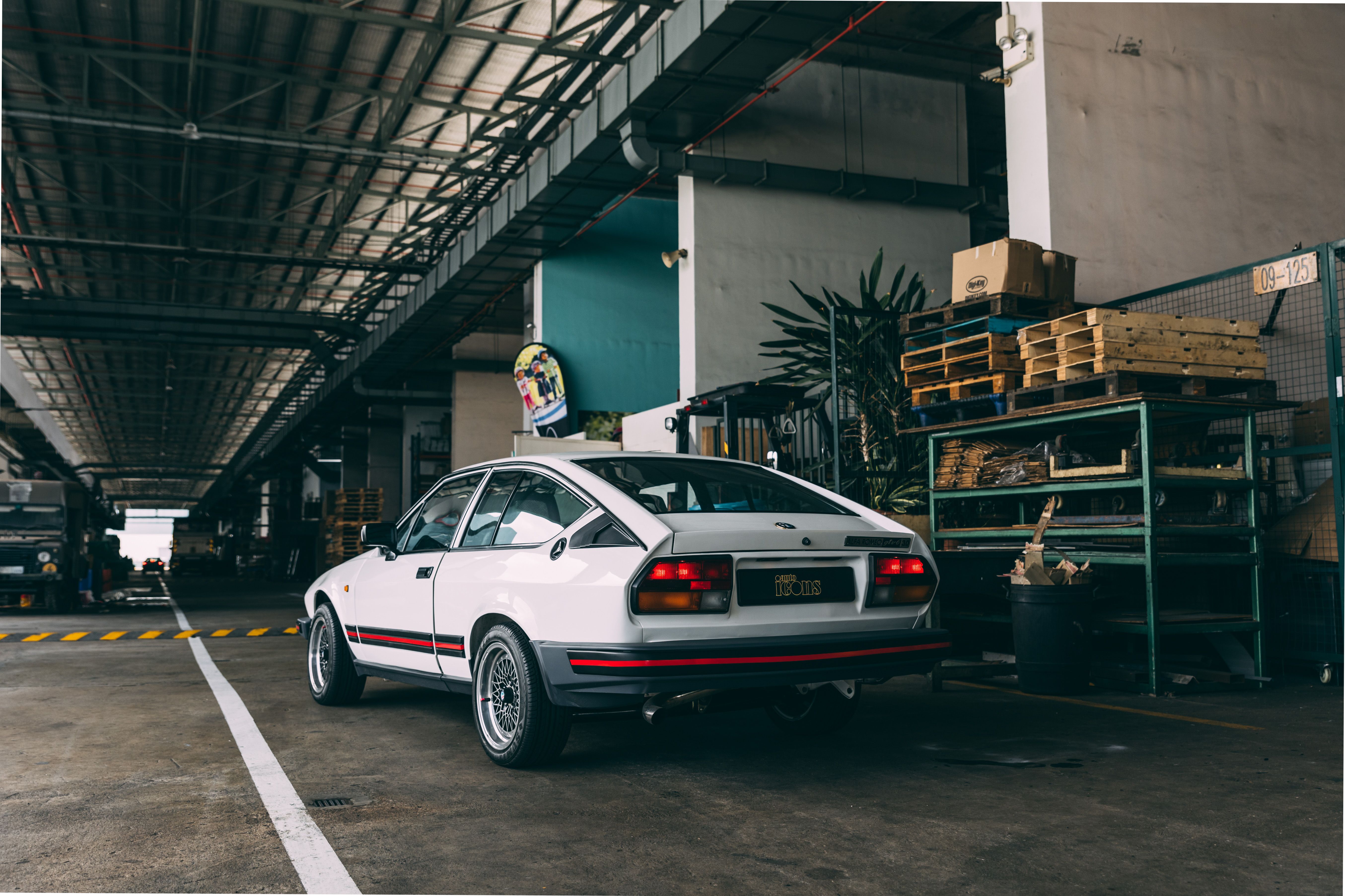 View the exterior of the 1985 Alfa Romeo GTV6 3.0 for sale (White)
