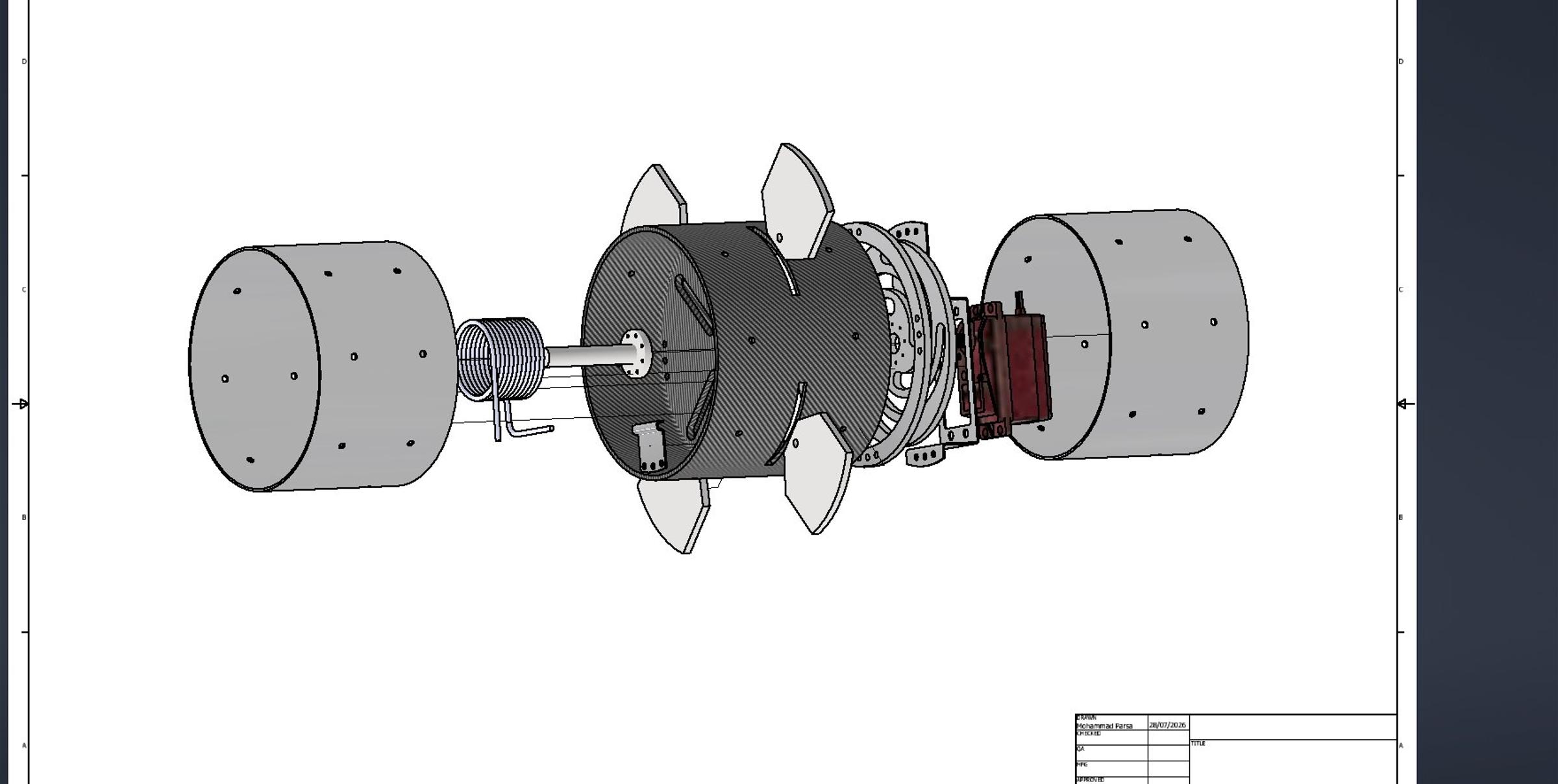 Exploded CAD view of the airbrake module: a central housing with four curved deployable tabs between two cylindrical end sections, with a lead screw and a red motor.