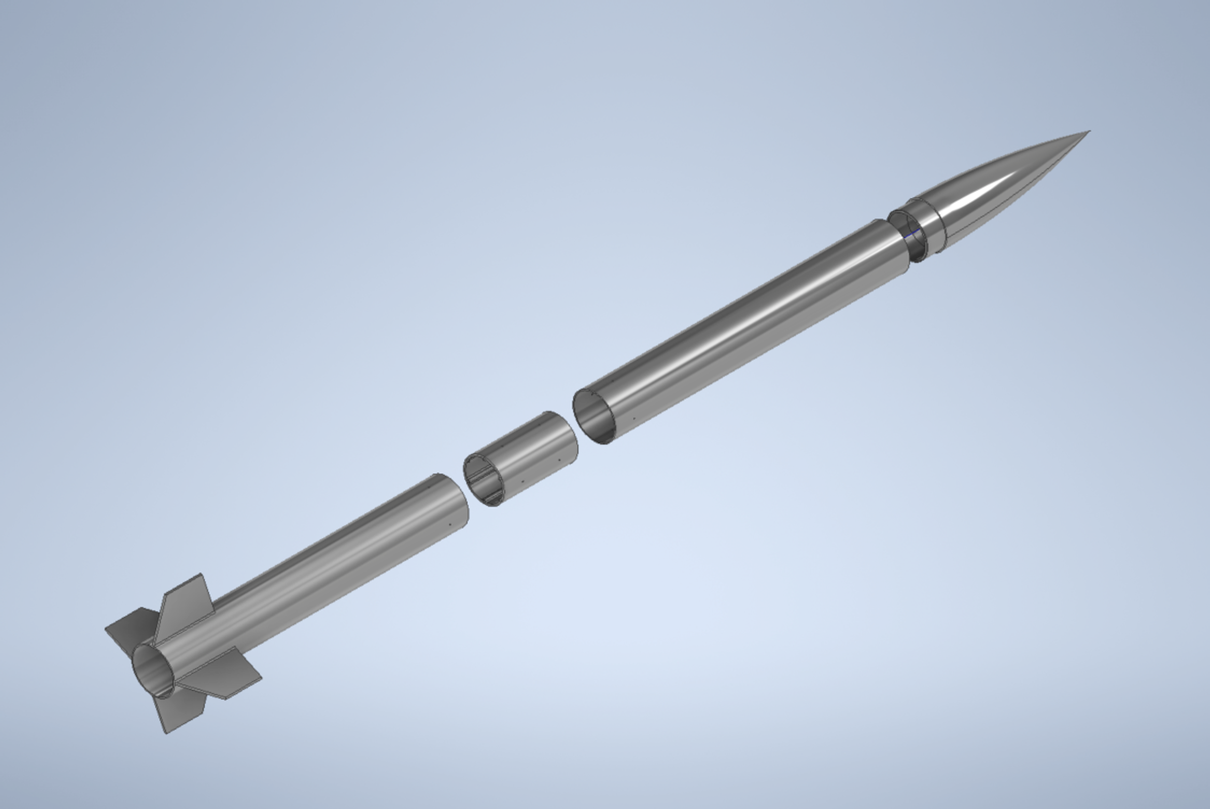Grey CAD render of a slender rocket separated into nose cone, upper body tube, coupler, lower body tube and four-fin tail section, angled diagonally on a pale blue background.