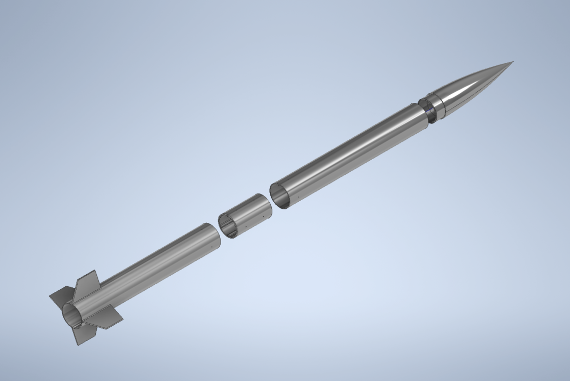 Grey CAD render of a slender rocket separated into nose cone, upper body tube, coupler, lower body tube and four-fin tail section, angled diagonally on a pale blue background.