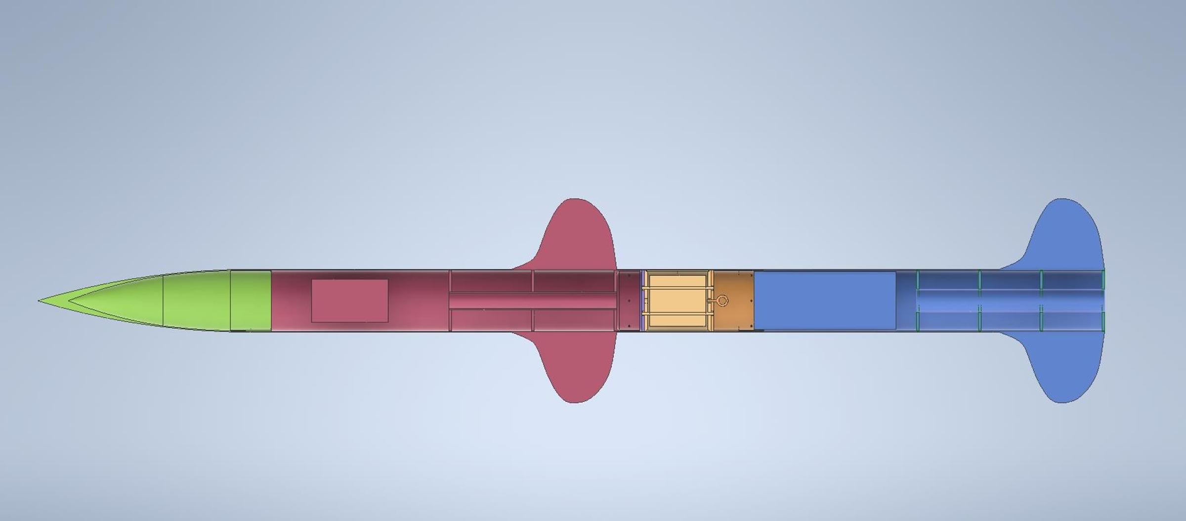Side-on CAD section view of a two-fin-set rocket with colour-coded internal sections: green nose cone, red forward fins and blue aft fins.