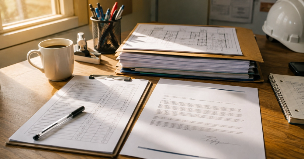 Escritorio técnico de obra con carpeta de documentación eléctrica, planilla de requisitos y nota de solicitud sobre membrete, oficina de contratista en CABA.