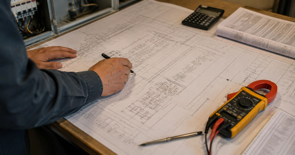 Ingeniero eléctrico revisando planos de dimensionamiento y planilla de cargas con instrumentos de medición sobre mesa técnica de trabajo.