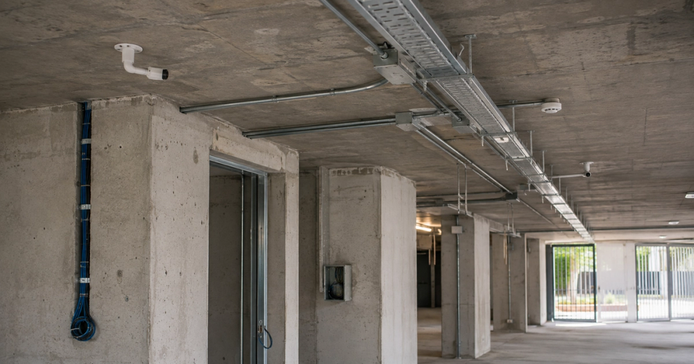 Planta baja de edificio en construcción con soportería de cámaras CCTV, cableado de control de acceso embutido y conductos de cableado estructurado instalados antes del revoque.