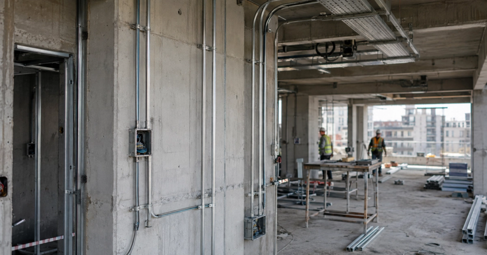 Interior de planta en construcción con cañerías eléctricas embutidas, bandejas portacables y cajas de pase sobre estructura de hormigón, obra en CABA.