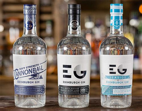 Three bottles of Edinburgh Gin on a bar