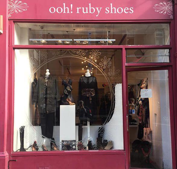 Pink shopfront of Ooh! Ruby Shoes