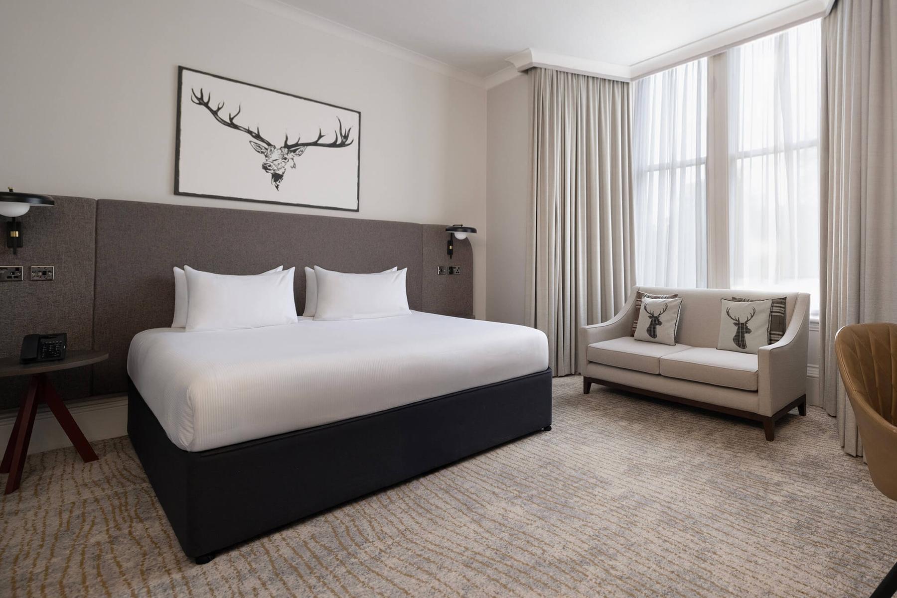 Family room with a double bed and a sofa