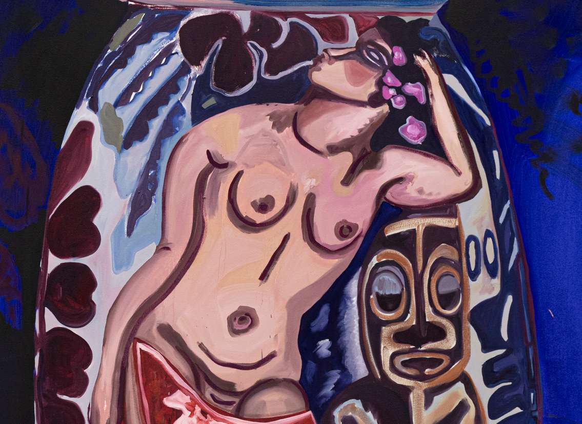A ceramic sculpture of a nude woman laying on her side at the center of a tan disk.